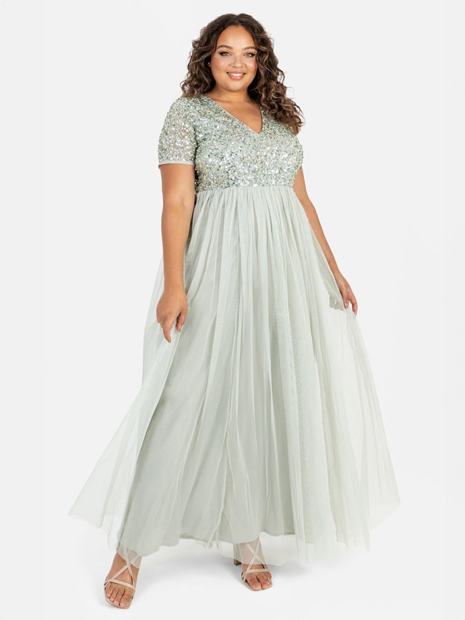 Maya Sage Green V Neckline Embellished Maxi Dress