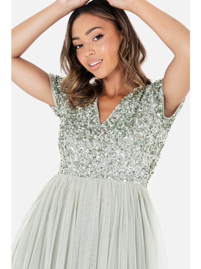 Maya Sage Green V Neckline Embellished Maxi Dress