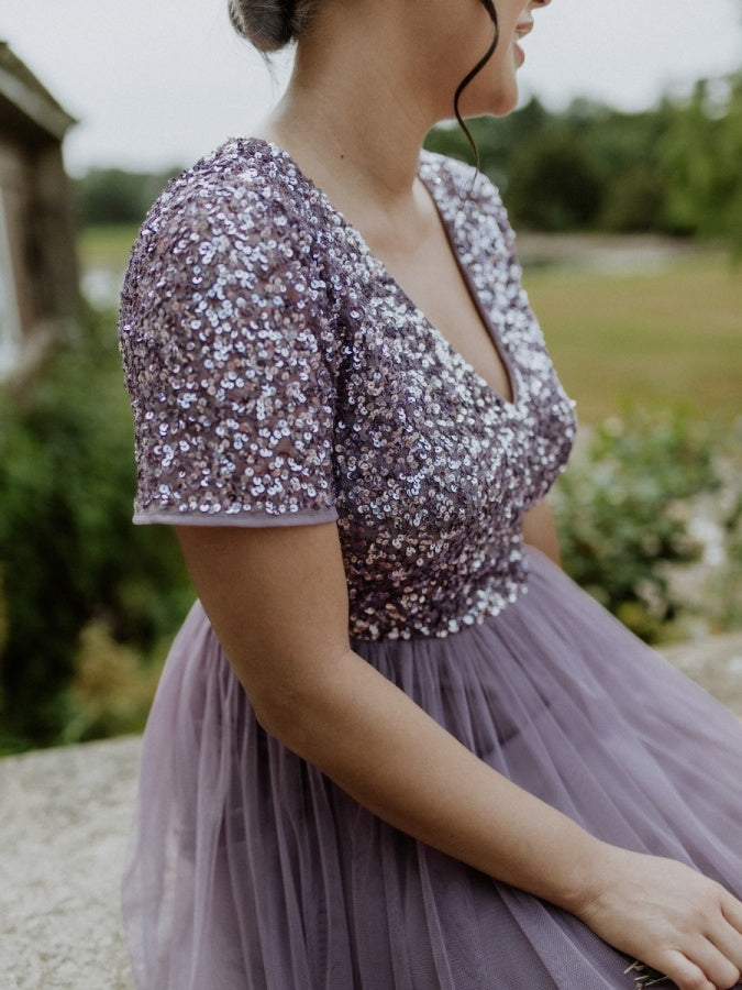 Maya Moody Lilac Short Sleeve V Neckline Embellished Maxi Dress