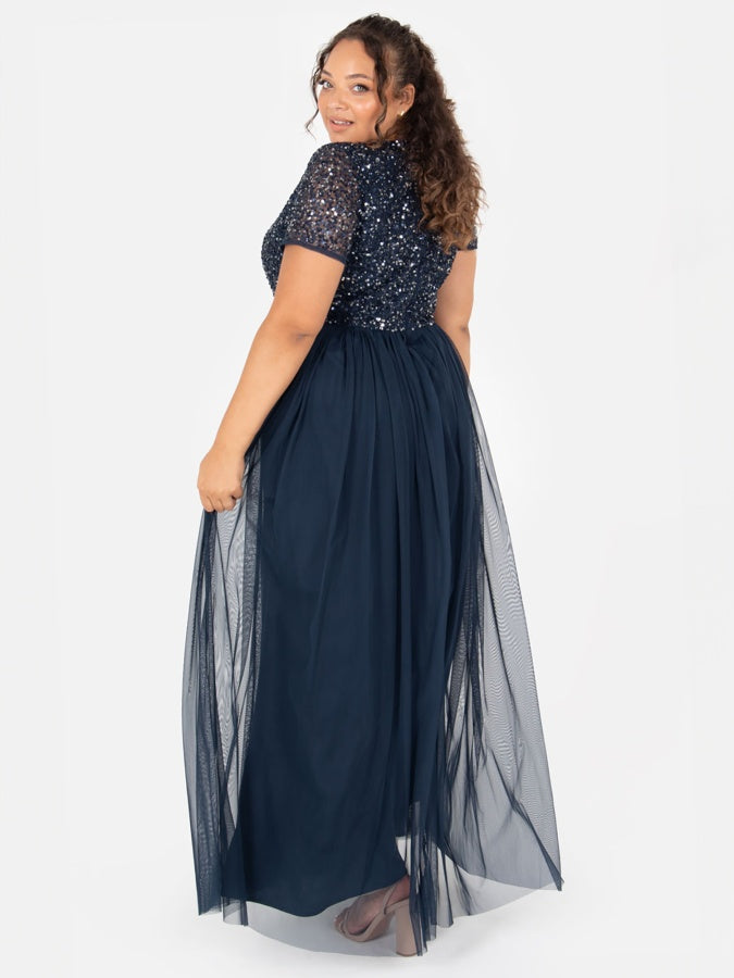 Maya Navy V Neckline Embellished Maxi Dress