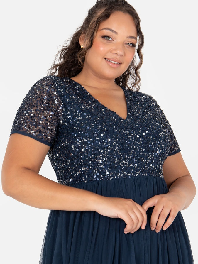 Maya Navy V Neckline Embellished Maxi Dress