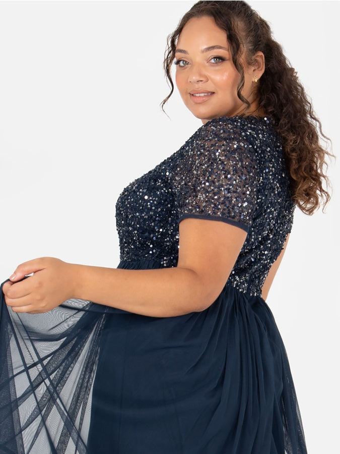 Maya Navy V Neckline Embellished Maxi Dress