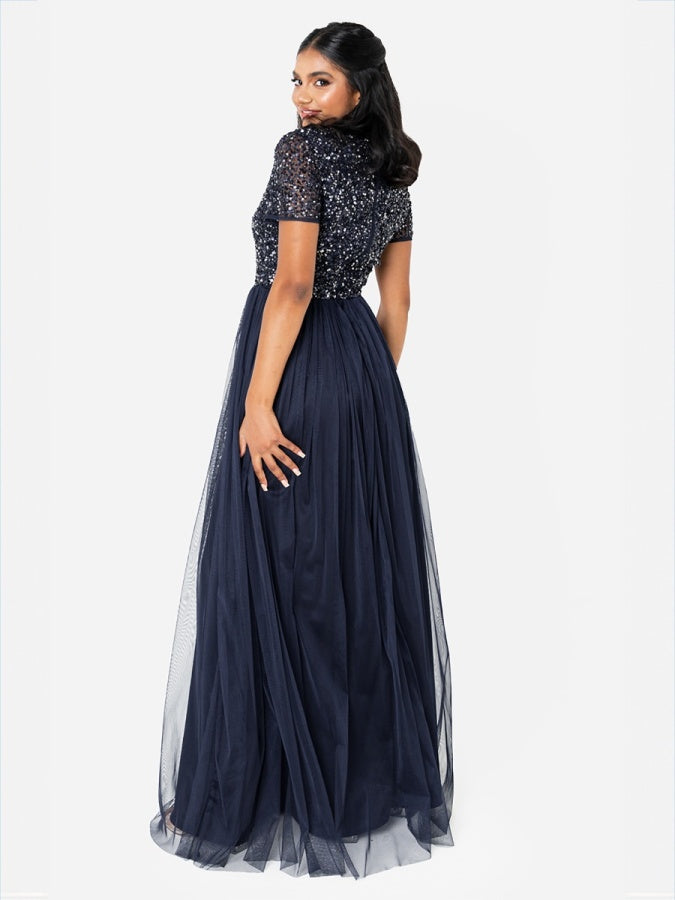Maya Navy V Neckline Embellished Maxi Dress