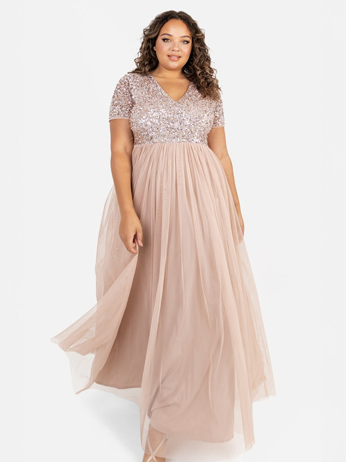 Maya Taupe Blush V Neckline Embellished Maxi Dress