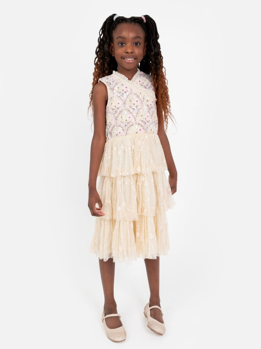 Mini Maya Floral Embellished Tiered Midi Dress with Embroidered Tulle Detail