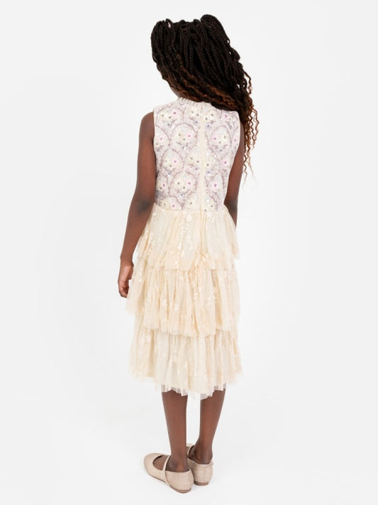 Mini Maya Floral Embellished Tiered Midi Dress with Embroidered Tulle Detail