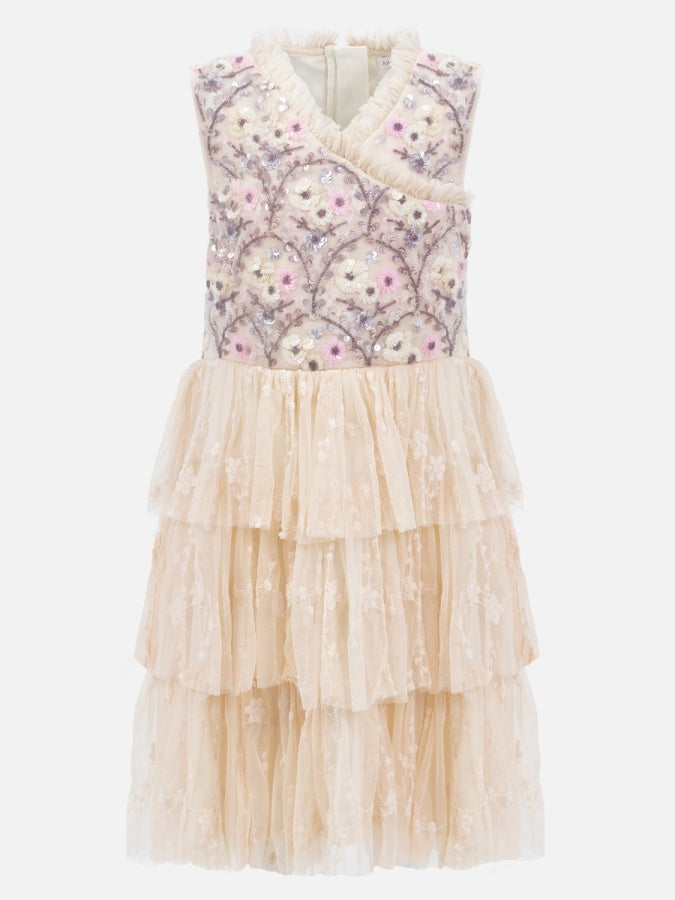 Mini Maya Floral Embellished Tiered Midi Dress with Embroidered Tulle Detail