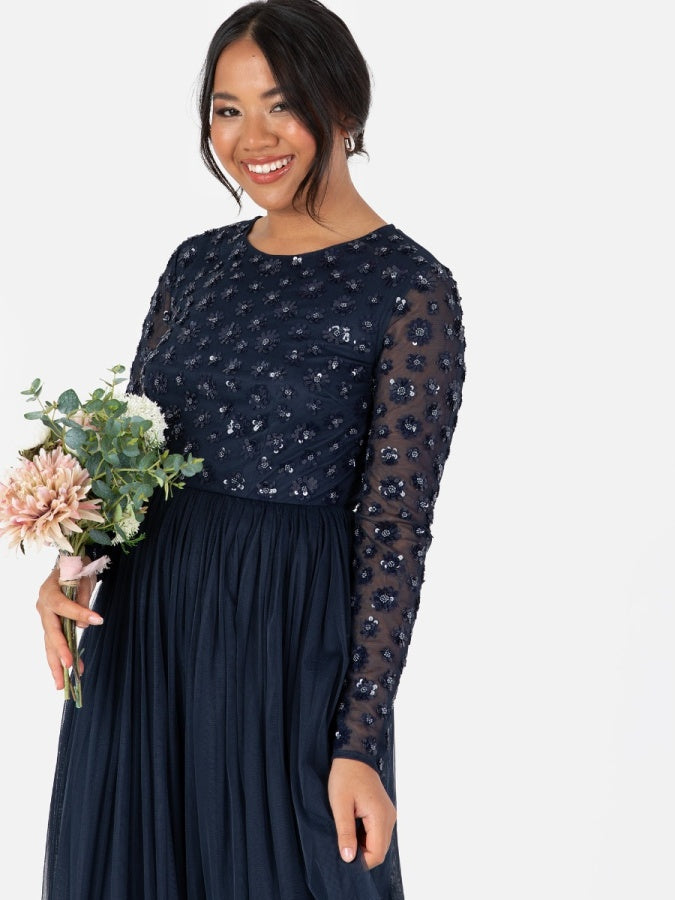 Maya Navy Floral Embellished Long Sleeve Maxi Dress