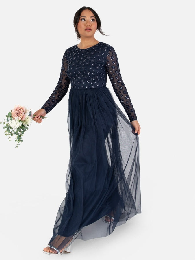 Maya Navy Floral Embellished Long Sleeve Maxi Dress