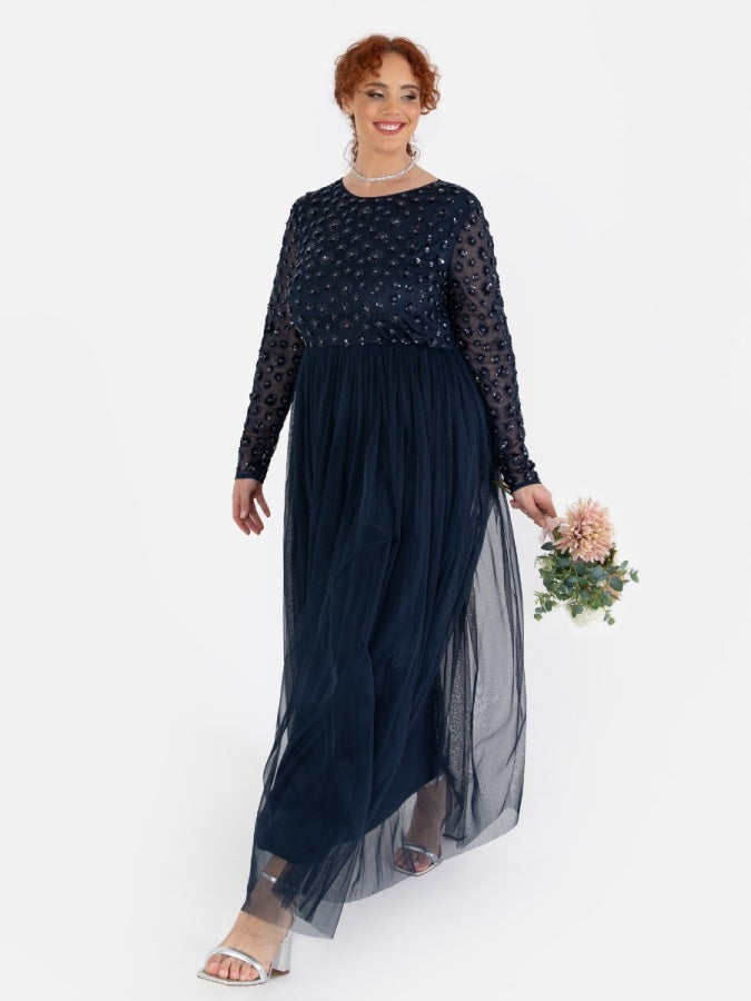 Maya Navy Floral Embellished Long Sleeve Maxi Dress