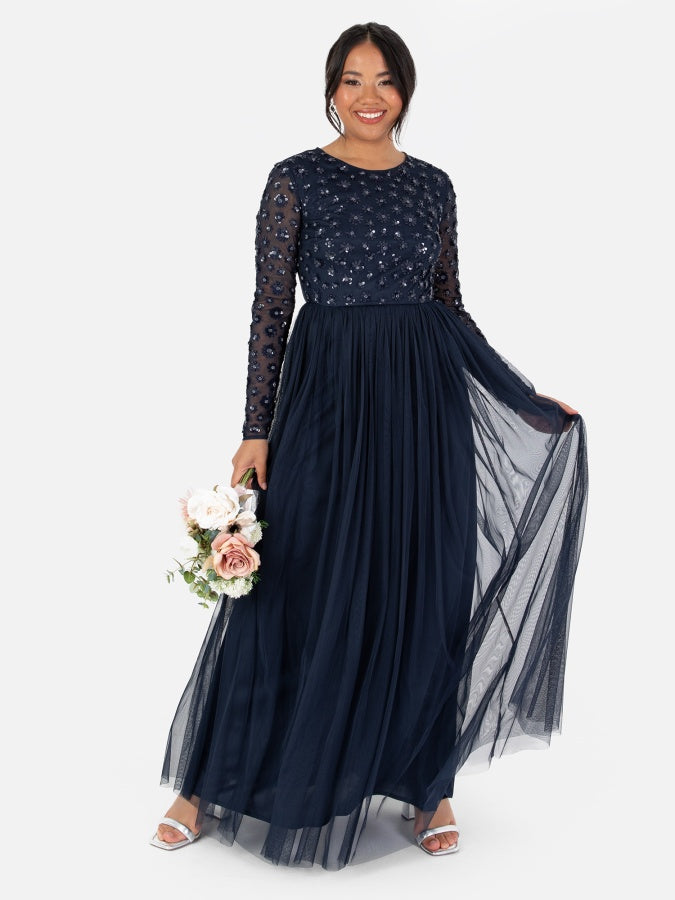 Maya Navy Floral Embellished Long Sleeve Maxi Dress