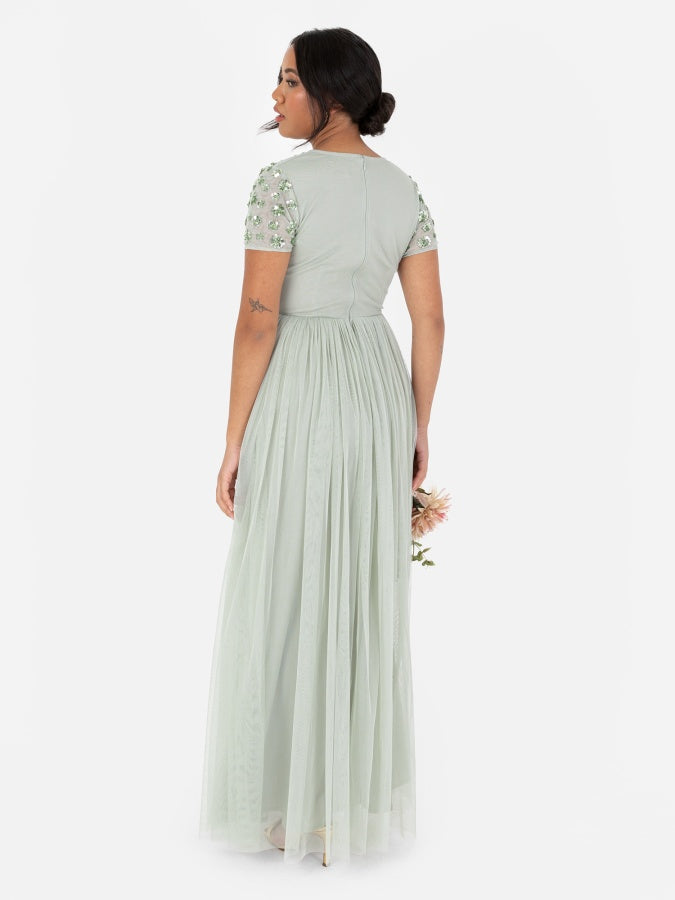 Maya Sage Green Floral Embellished Short Sleeve Maxi Dress
