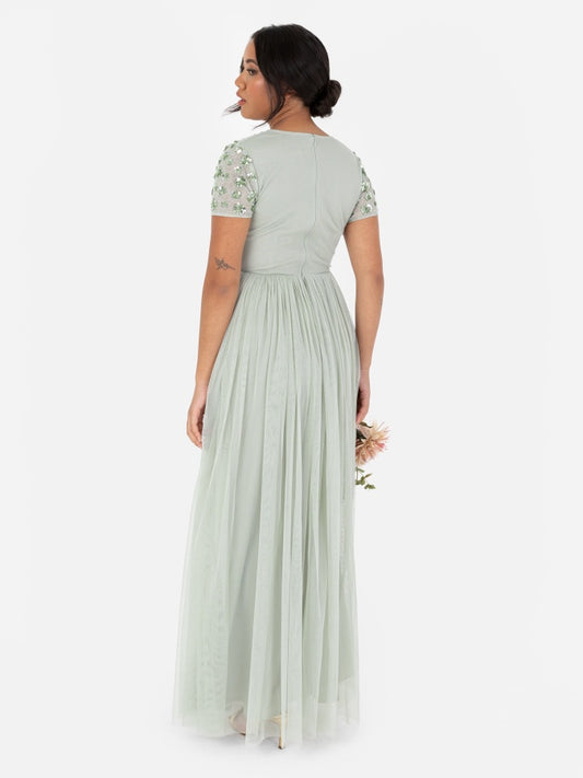 Maya Sage Green Floral Embellished Short Sleeve Maxi Dress