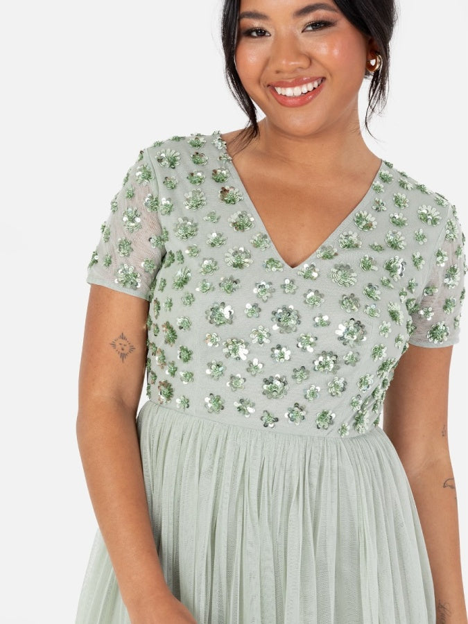 Maya Sage Green Floral Embellished Short Sleeve Maxi Dress