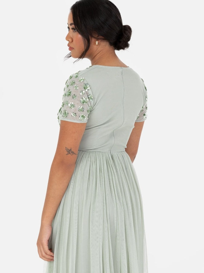 Maya Sage Green Floral Embellished Short Sleeve Maxi Dress