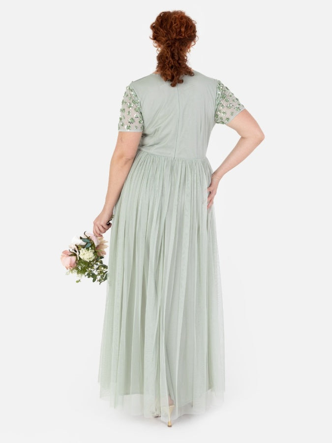 Maya Sage Green Floral Embellished Short Sleeve Maxi Dress