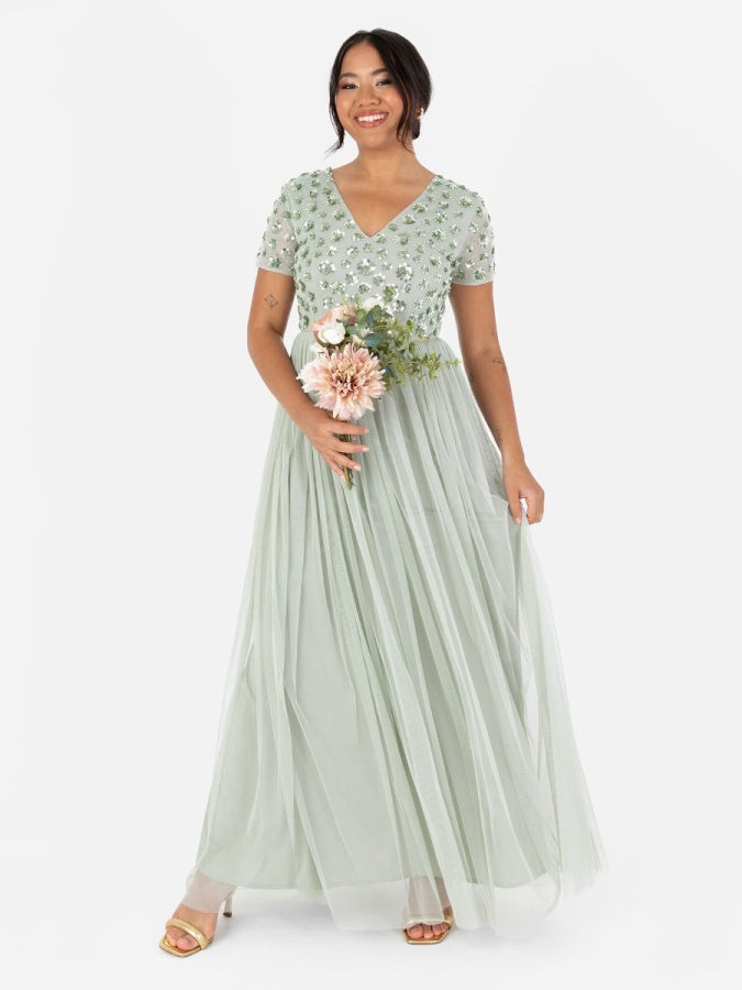 Maya Sage Green Floral Embellished Short Sleeve Maxi Dress