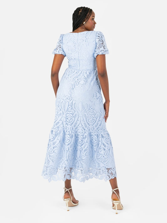 Maya Cornflower Blue Short Sleeve Lace Midi Dress with Twist Detail