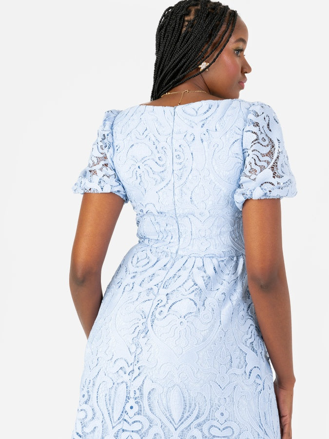 Maya Cornflower Blue Short Sleeve Lace Midi Dress with Twist Detail