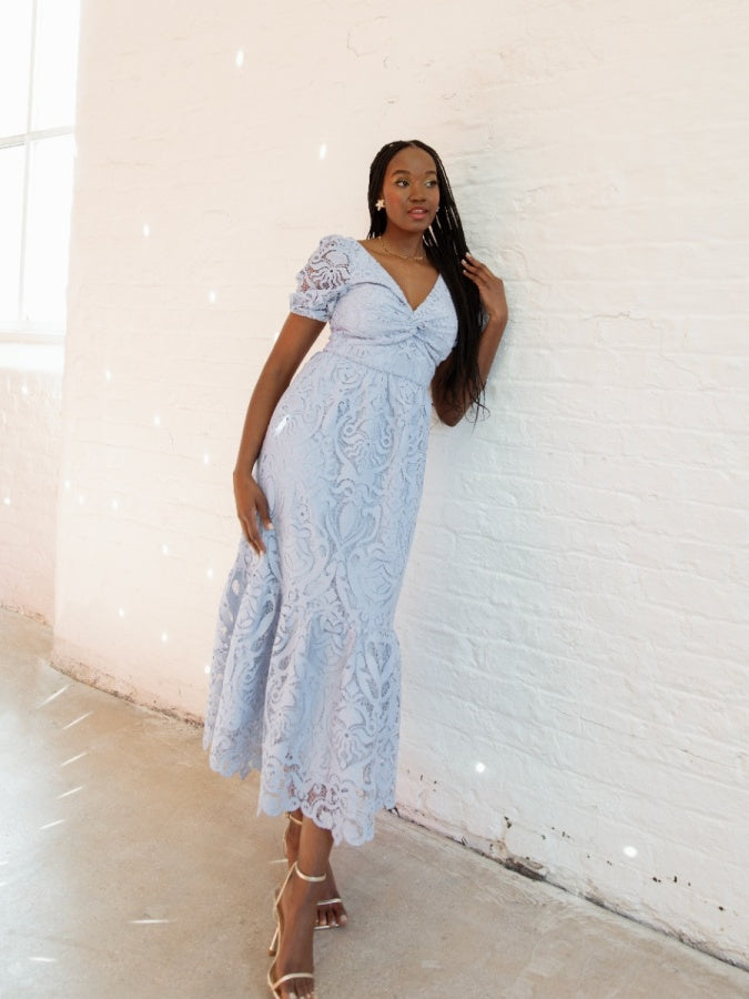 Maya Cornflower Blue Short Sleeve Lace Midi Dress with Twist Detail