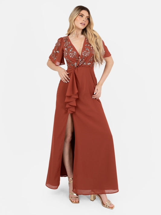 Maya Rust Embellished Short Angel Sleeve V Neck Maxi Dress