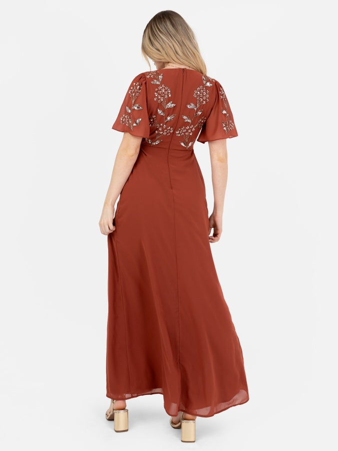 Maya Rust Embellished Short Angel Sleeve V Neck Maxi Dress