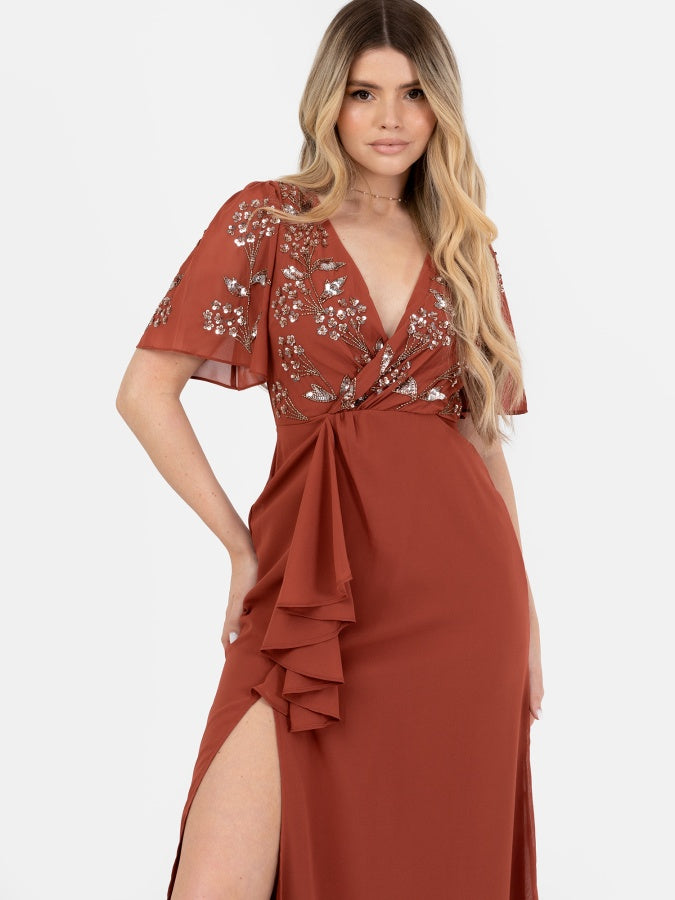 Maya Rust Embellished Short Angel Sleeve V Neck Maxi Dress