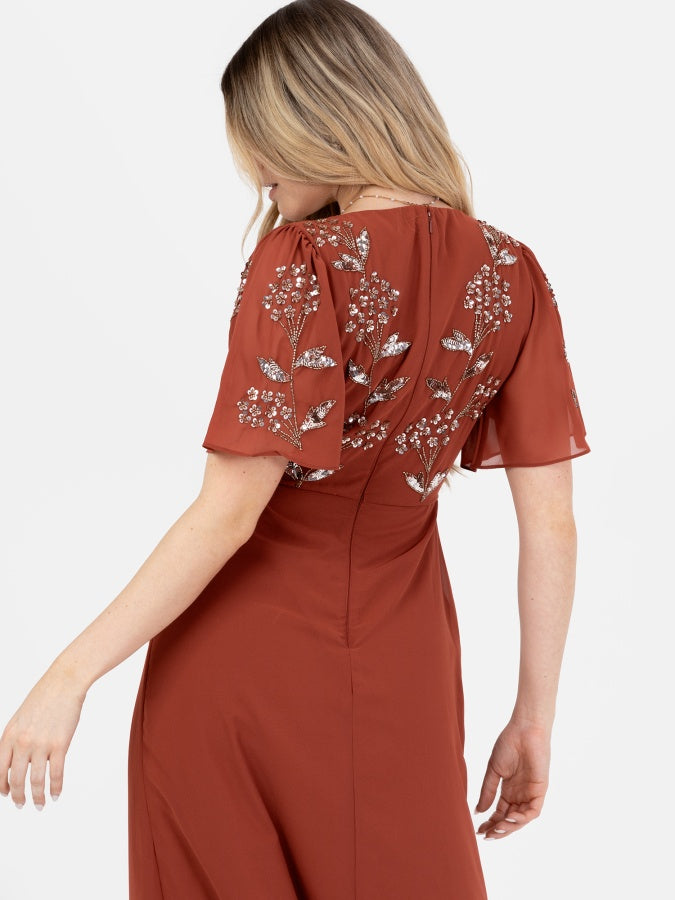 Maya Rust Embellished Short Angel Sleeve V Neck Maxi Dress