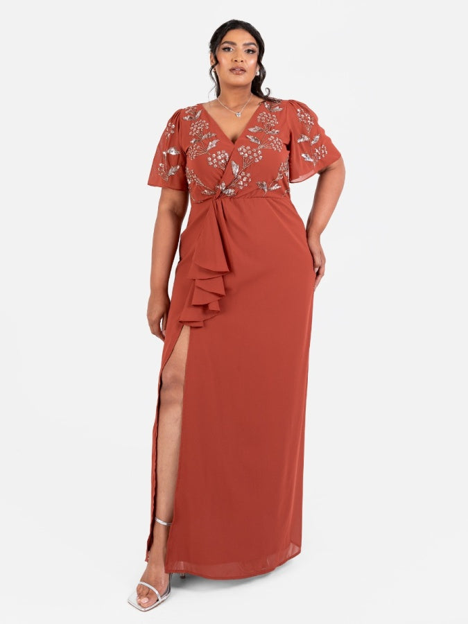 Maya Rust Embellished Short Angel Sleeve V Neck Maxi Dress