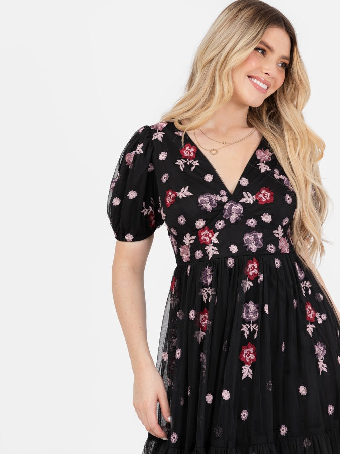 Maya Black Floral Embroidered Short Sleeve V Neck Maxi Dress
