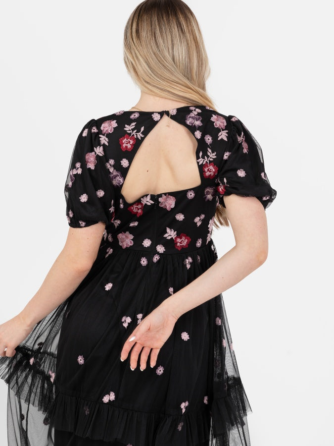 Maya Black Floral Embroidered Short Sleeve V Neck Maxi Dress