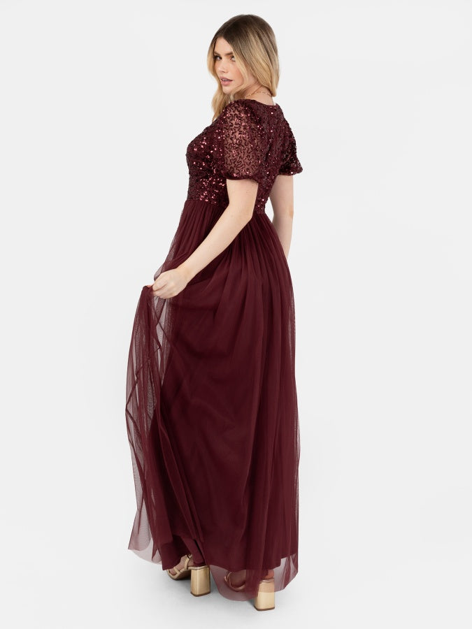 Maya Cranberry Embellished Short Sleeve Twist Bodice Maxi Dress