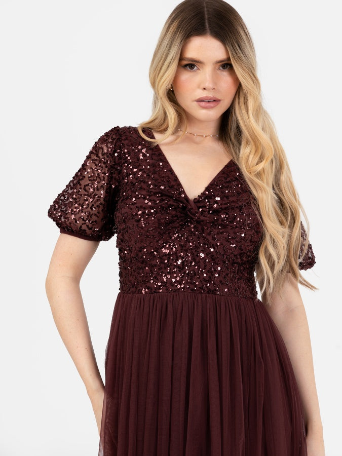Maya Cranberry Embellished Short Sleeve Twist Bodice Maxi Dress