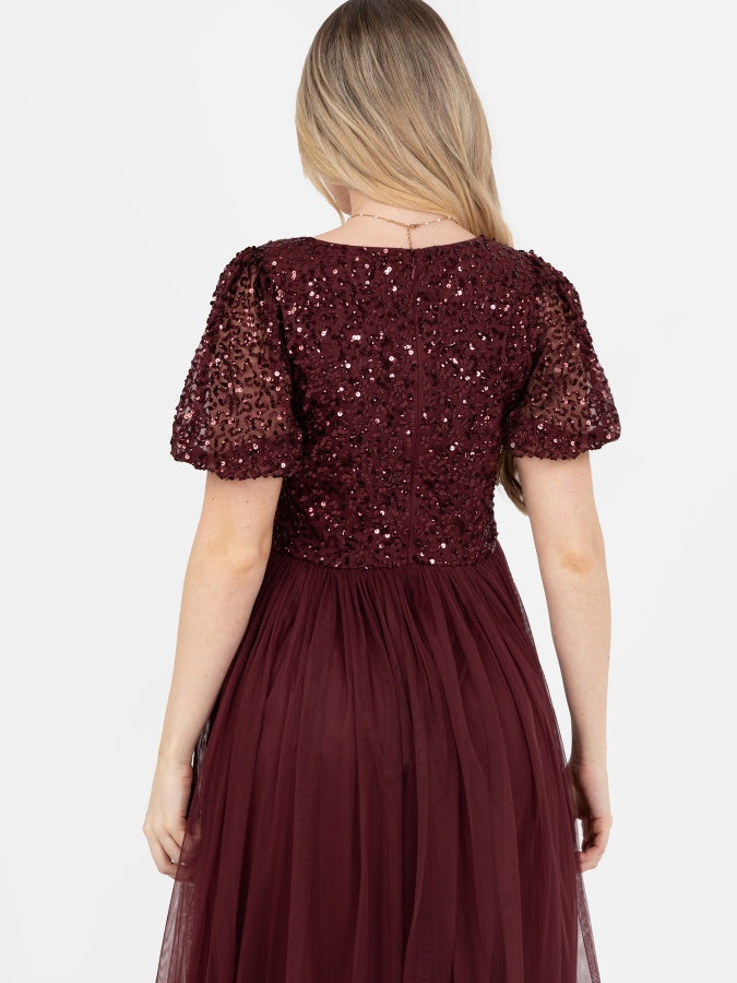 Maya Cranberry Embellished Short Sleeve Twist Bodice Maxi Dress