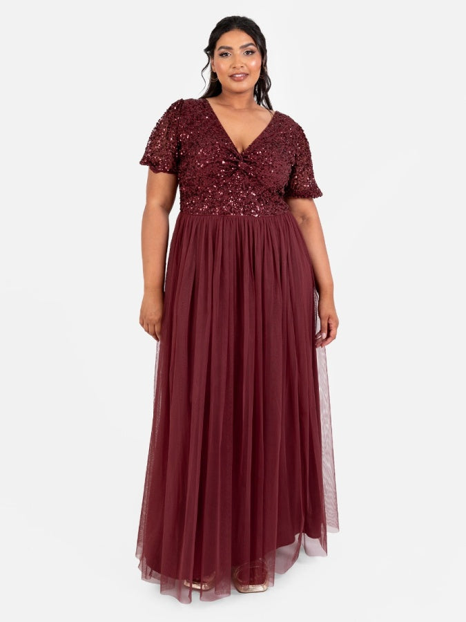 Maya Cranberry Embellished Short Sleeve Twist Bodice Maxi Dress