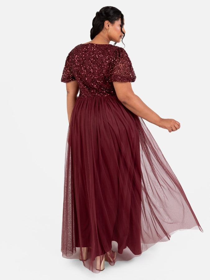 Maya Cranberry Embellished Short Sleeve Twist Bodice Maxi Dress
