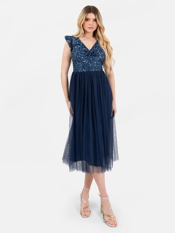 Maya French Navy Embellished Twist Bodice Midi Dress