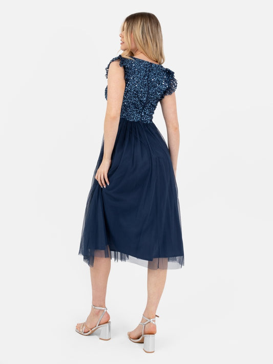 Maya French Navy Embellished Twist Bodice Midi Dress