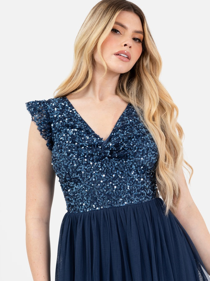 Maya French Navy Embellished Twist Bodice Midi Dress