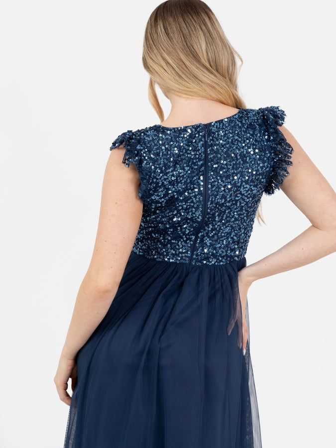 Maya French Navy Embellished Twist Bodice Midi Dress