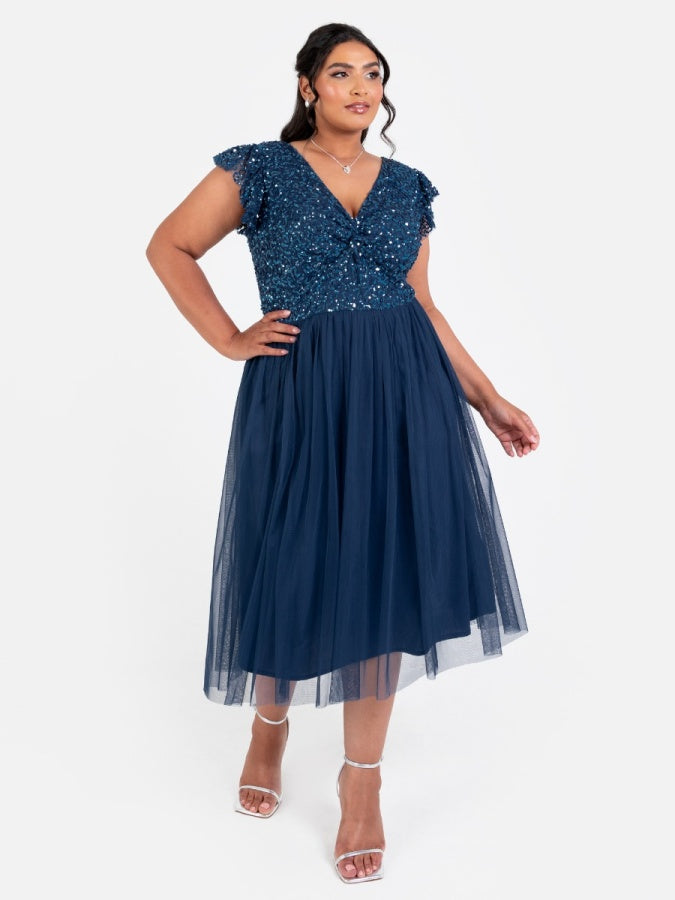 Maya French Navy Embellished Twist Bodice Midi Dress
