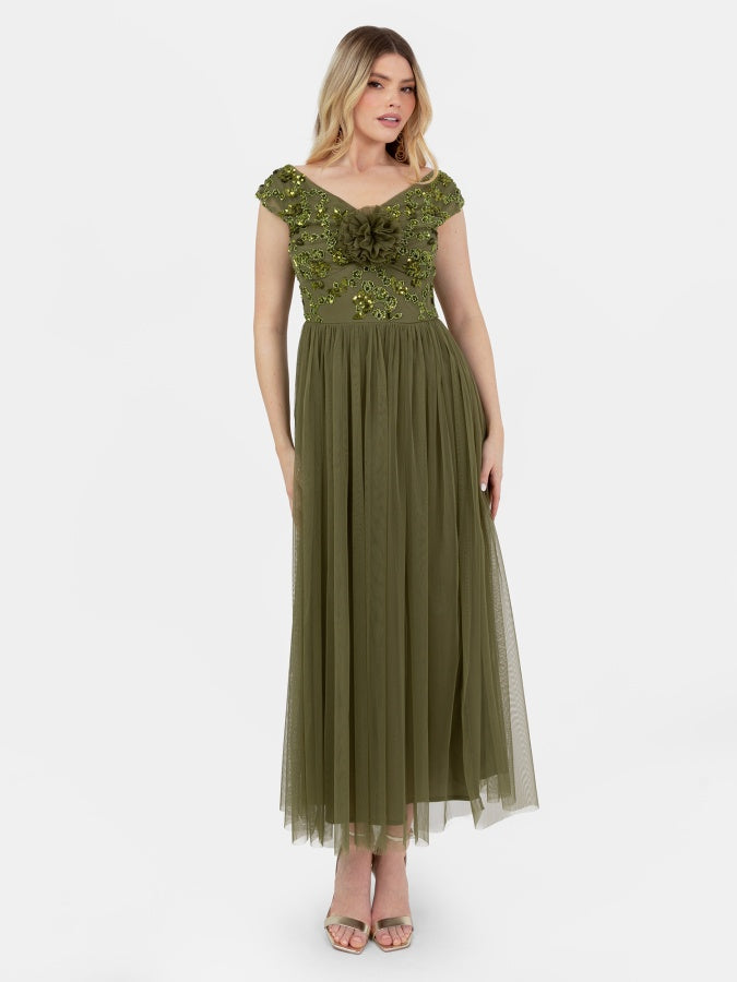 Maya Olive Floral Embellished Bardot Midaxi Dress with Rosette Detail