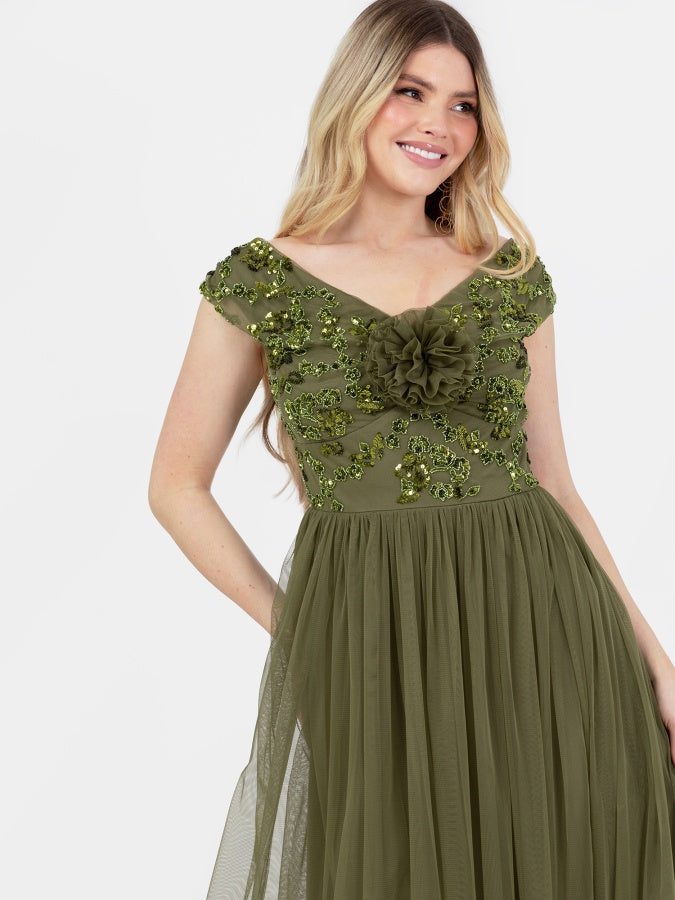 Maya Olive Floral Embellished Bardot Midaxi Dress with Rosette Detail