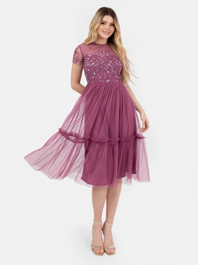 Maya Purple Embellished Short Sleeve Midi Dress