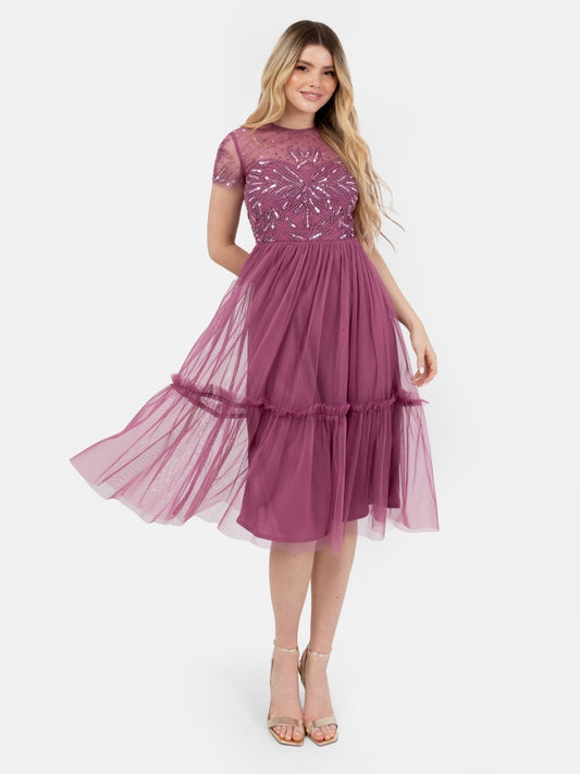 Maya Purple Embellished Short Sleeve Midi Dress