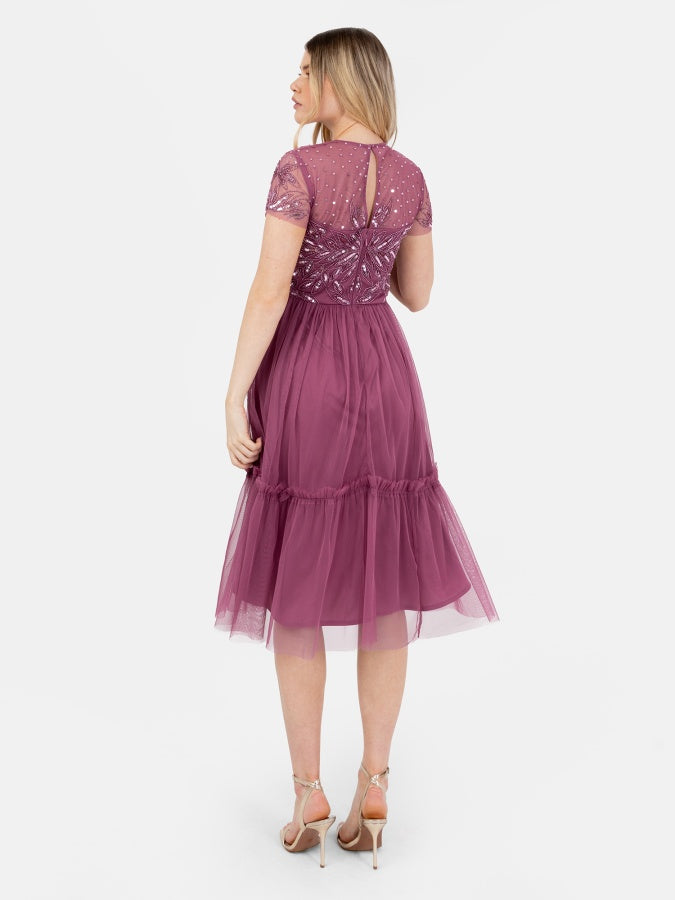 Maya Purple Embellished Short Sleeve Midi Dress