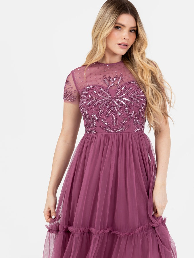 Maya Purple Embellished Short Sleeve Midi Dress
