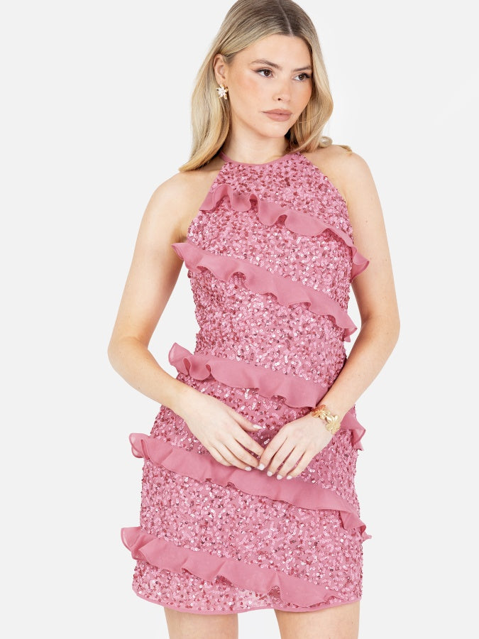 Maya Rosey Pink Fully Embellished Halter Neck Mini Dress