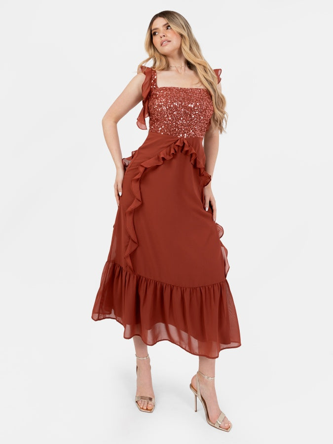 Maya Rust Embellished Strappy Midi Dress with Ruffle Detail