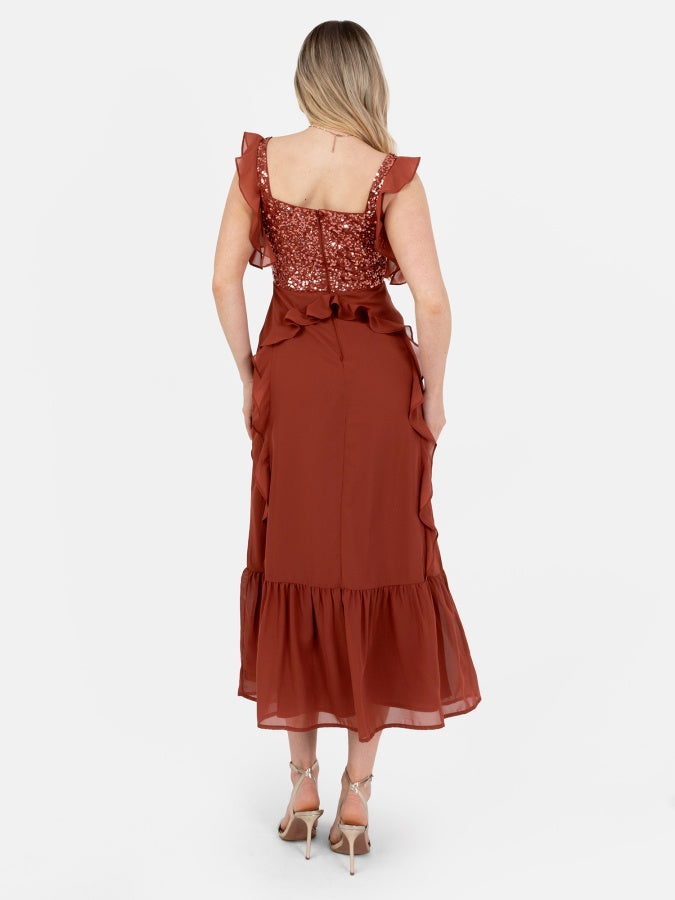 Maya Rust Embellished Strappy Midi Dress with Ruffle Detail